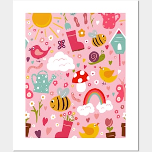 Gardening Fun repeat pattern on a pink background Posters and Art